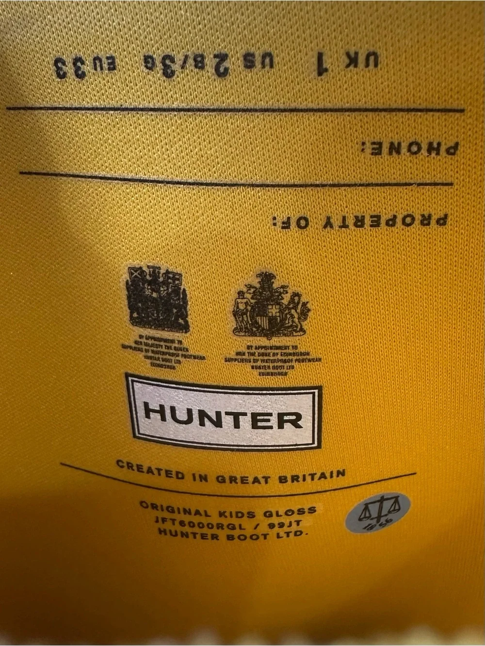 Hunter Kids Size 2B/3G Original Tall Glossy Yellow Rubber Rain Boots